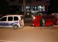 Takla atan araç polise çarptı